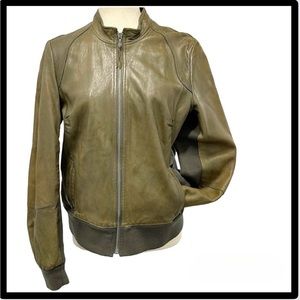 Lambskin Leather Moto Biker Bomber Jacket Trimmed in Knit Panel - Large